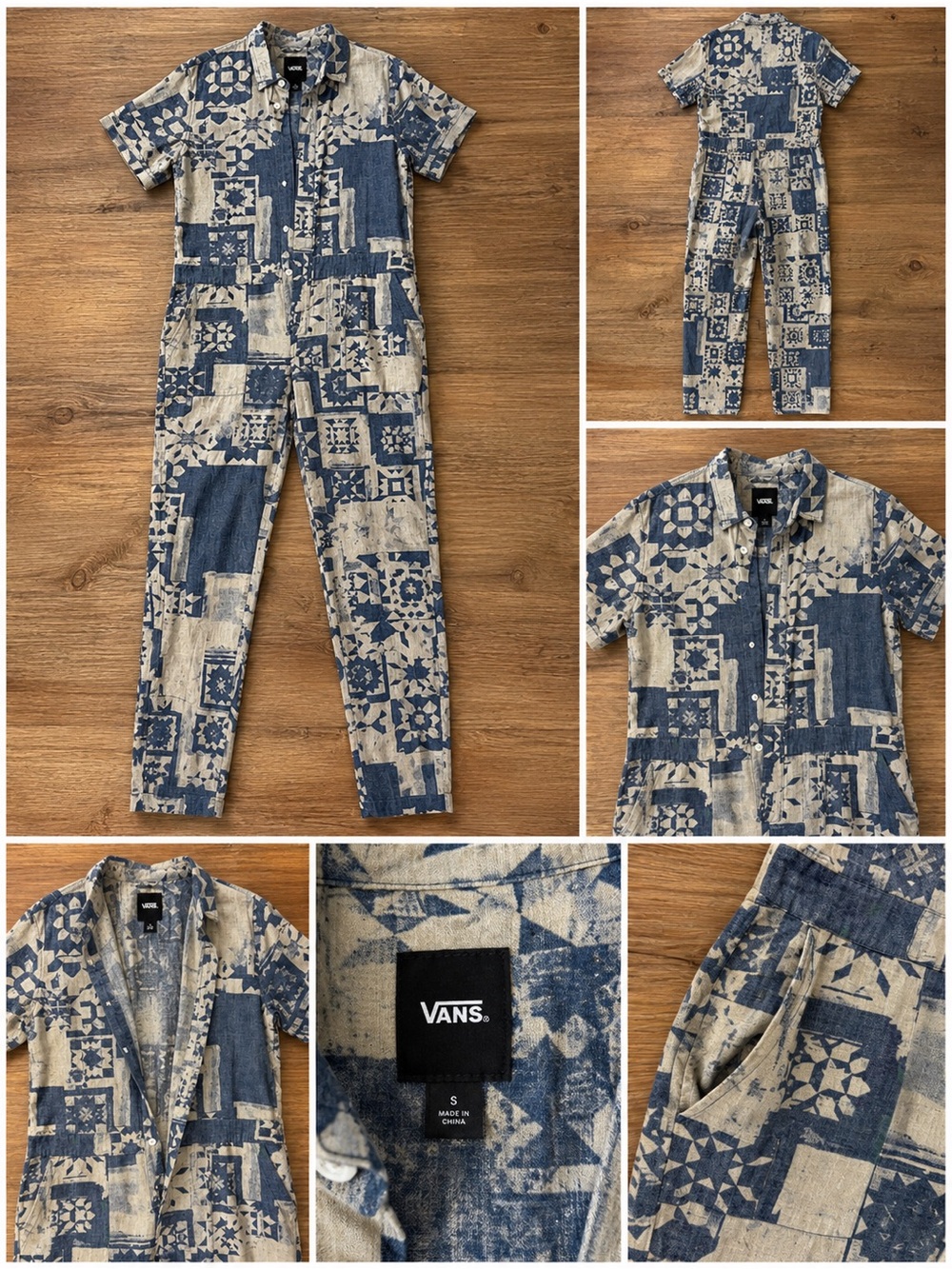 Vans Women’s Printed Short-Sleeve Jumpsuit - Blue & Beige Size L - Picture 3 of 3